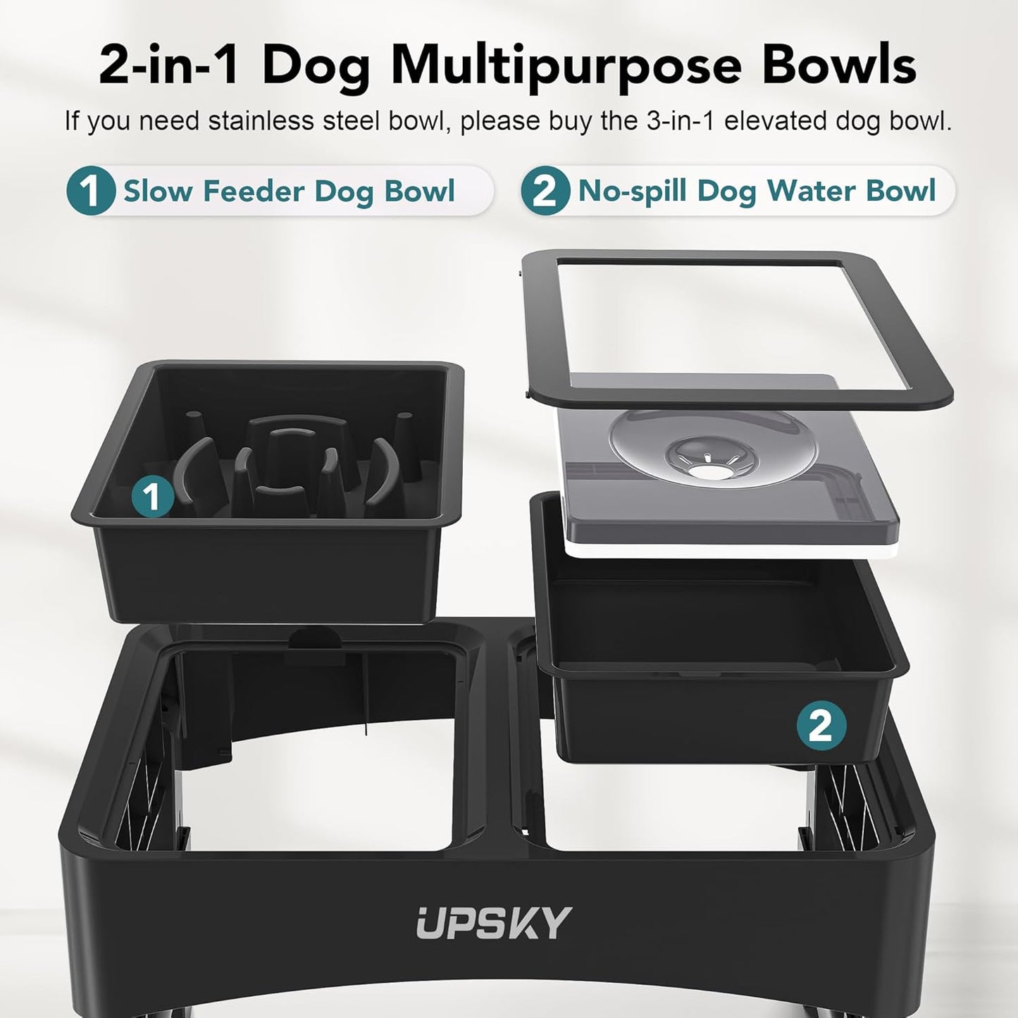 UPSKY 2-in-1 Elevated Dog Bowls Slow Feeder, 4 Height Adjustable Raised Bowls Stand, No Spill Dog Water Bowls, Anti-Slip Food and Water Bowl for Small Medium Dogs(Not Include Stainless Steel Bowl)