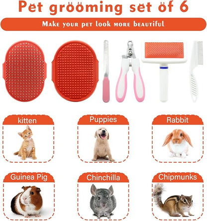 Cat Grooming Kit Set with Pet Shedding Slicker Brush Nail Clipper Trimmer Pet Massage Bath Glove Flea Comb for Bunny Puppy Kitten Guinea Pig Chinchilla Ferret Small Animals (Red, Pink)