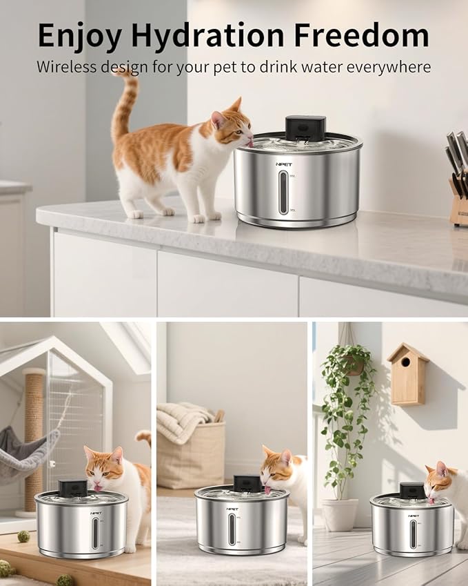 NPET Stainless Steel Wireless Cat Fountain, 1Gallon/135oz Battery Operated Automatic Pet Drinking Fountain - Cordless Dog Water Dispenser with Water Level Window for Cats Indoor