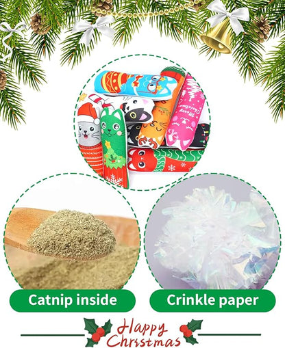 PET SHOW 8 Pack Christmas Cat Kicker Toys with Catnip Crinkle Sound Toys for Indoor Cats Xmas Santa Gift Patterns Plush Kittens Shape Natural Interactive Pet Kitty