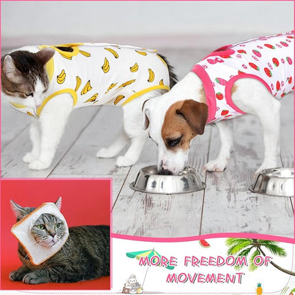 Nuanchu 3 Pieces Cat Recovery Suit Kitten Recovery Suit E-Collar Alternative for Cats and Dogs Abdominal Skin Anti Licking Pajama Clothes Sets(Large,Strawberry Style,Colorful)