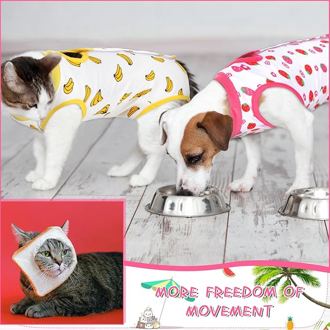 Nuanchu 3 Pieces Cat Recovery Suit Kitten Recovery Suit E-Collar Alternative for Cats and Dogs Abdominal Skin Anti Licking Pajama Clothes Sets(Medium,Strawberry Style,Colorful)
