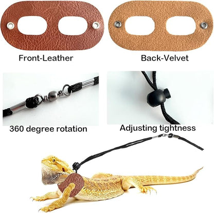 Lizard Adjustable Harness Leash,Bearded Dragon Harness Leash Set for Guinea Pig,Chameleon and Other Small Animal,Outdoor Used (Leather, Brown)