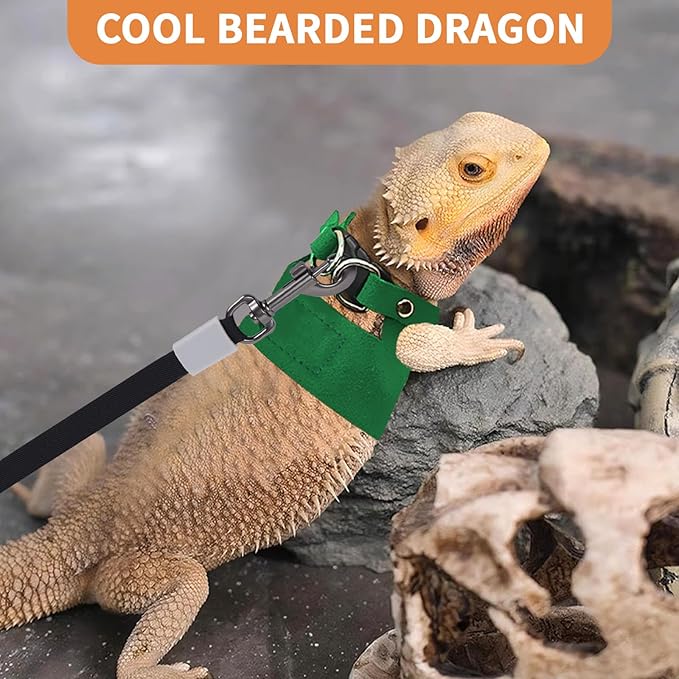 3 Pack Bearded Dragon Leash and Harness Set, Retractable 9.8FT Leash with 3 Sizes Adjustable Soft Harness for Reptile Small Animals Walking, Cute Lizard Vest Clothes for Reptile Lovers -Green