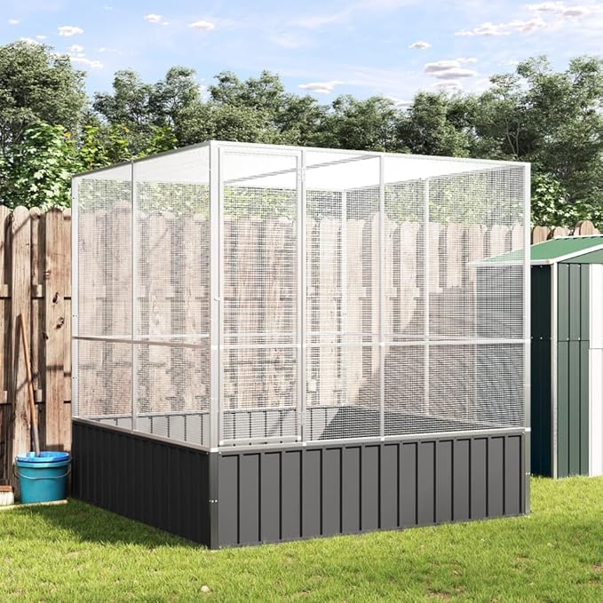 Steel Aviary Silver, Steel Bird Cage, Outdoor Aviary Parrot Cage Wide Flight Metal Birdcage, 83.1"x81.5"x83.5" Steel,-112