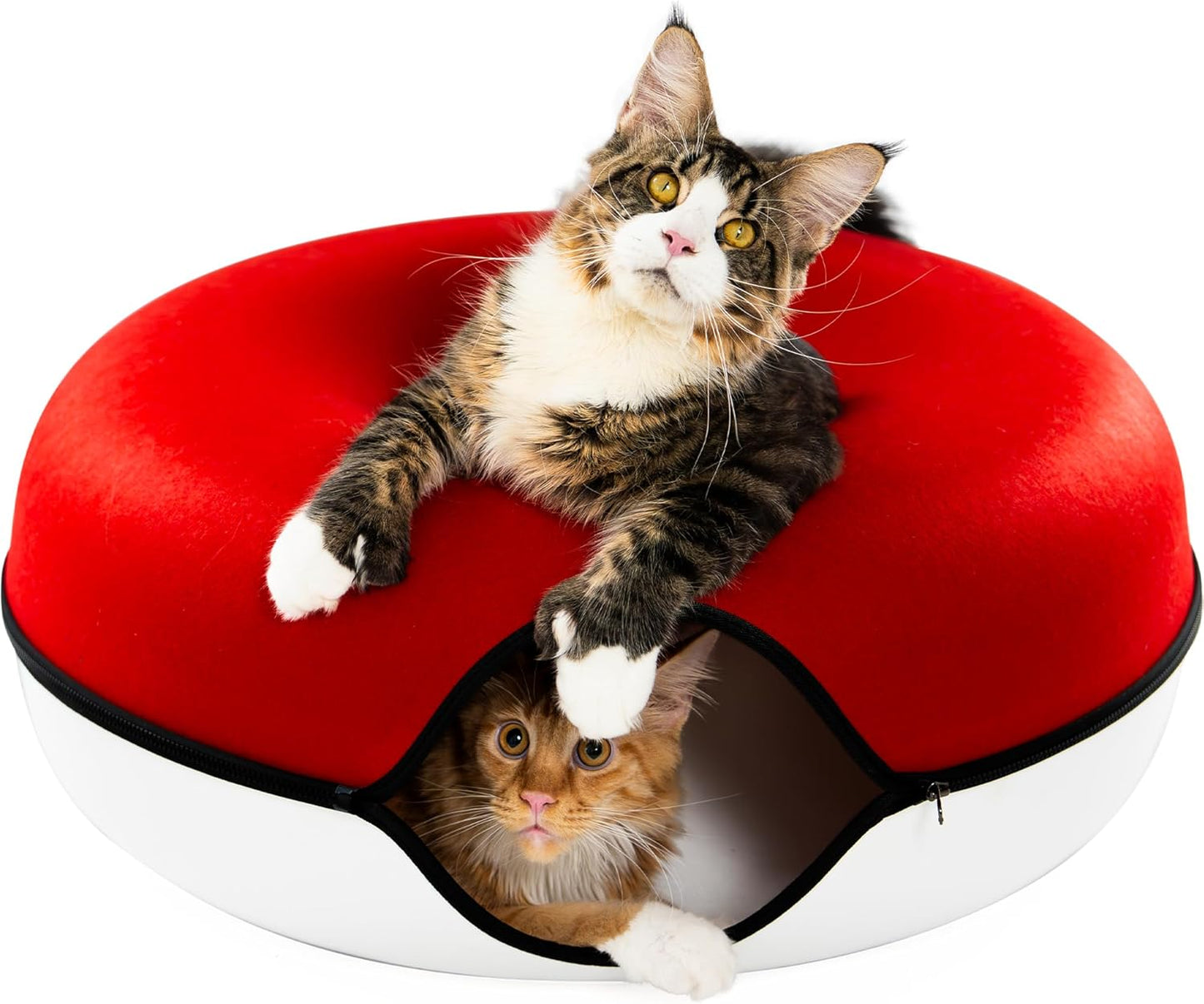Cattasaurus Peekaboo Cat Cave, Extra Spacious for Multiple & Large Cats 12+ lbs, Scratch Detachable Cat Beds for Indoor Cats, Washable Tunnel Bed, Comfy Donut Tunnel (Ruby Snowball, Jumbo)