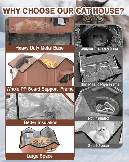 Extra Large Heated Cat House for Outside in Winter, Elevated Heated Outdoor Cat House Weatherproof with Heating pad, Insulated Outdoor Cat Shelter for Multiple Cats Small Dogs (Brown)
