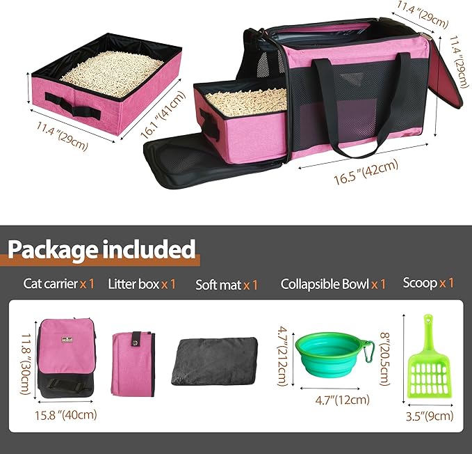 HiCaptain Cat Travel Carrier Bag with Litter Box, Portable Soft Cat Carrier Bag Lightweight Leak-Proof Collapsible Litter Box for Cats, Fits for Kitten up to 15 lb to Travel, Camping, Hiking, or Hotel