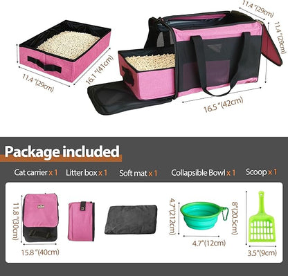 HiCaptain Cat Travel Carrier Bag with Litter Box, Portable Soft Cat Carrier Bag Lightweight Leak-Proof Collapsible Litter Box for Cats, Fits for Kitten up to 15 lb to Travel, Camping, Hiking, or Hotel