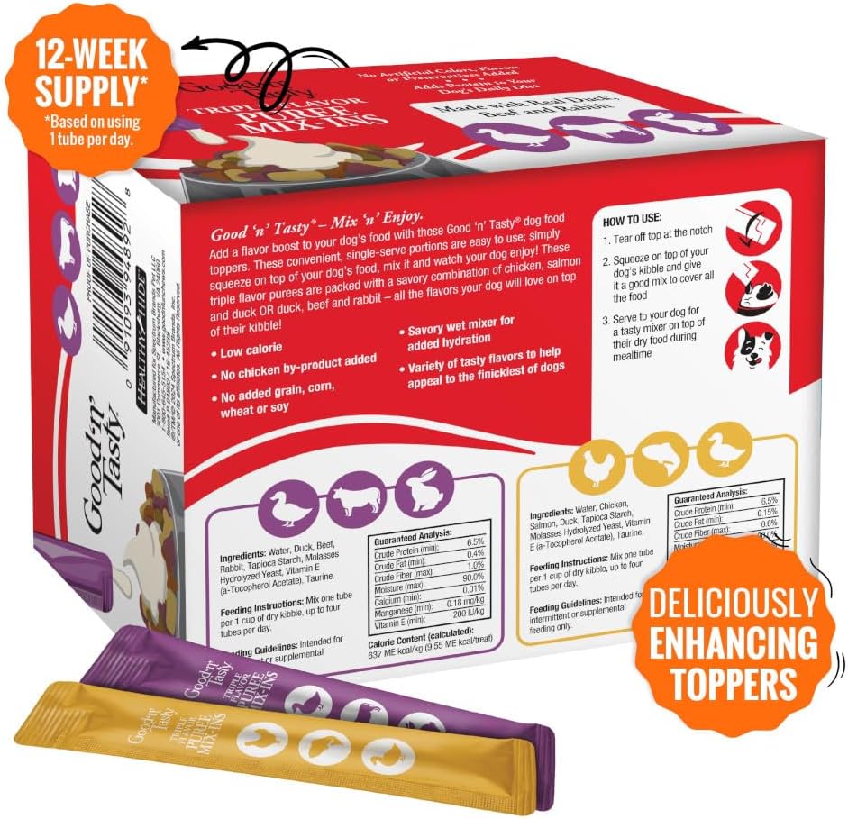 Good 'n' Tasty Triple Flavor Puree Mix-Ins Variety Pack Dog Food Topper Treats for All Dogs, 84 Count, Easy Single-Serve Portions, Added Protein with Chicken, Salmon, Duck, Beef and Rabbit