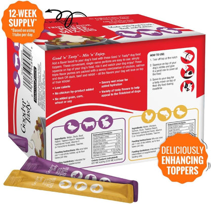 Good 'n' Tasty Triple Flavor Puree Mix-Ins Variety Pack Dog Food Topper Treats for All Dogs, 84 Count, Easy Single-Serve Portions, Added Protein with Chicken, Salmon, Duck, Beef and Rabbit