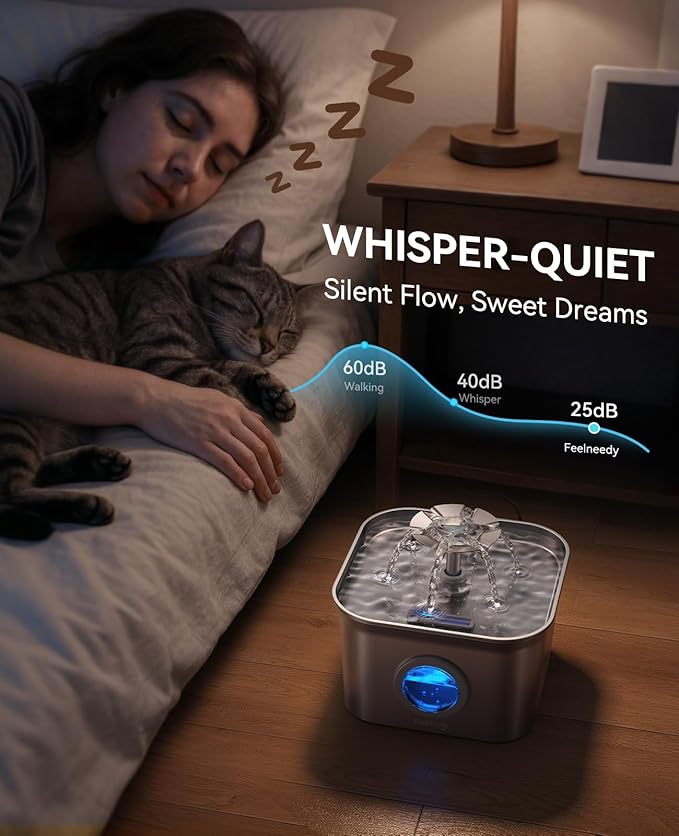 Stainless Steel Cat Water Fountain for Drinking with 3 Filters, 2.8L Auto Pet Drinking Fountain for Cats with 20dB Ultra-Quiet Pump, 24/7 Circulation Filtration LED Water Level Window Dishwasher Safe