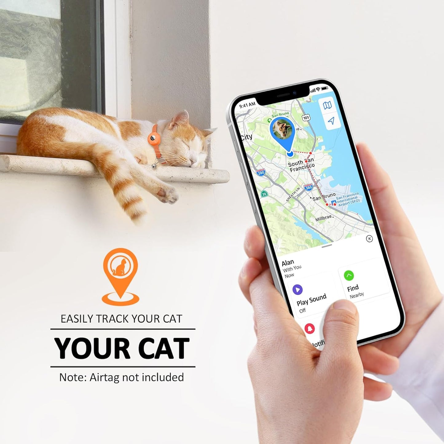 2 Pack Airtag Cat Collar,Reflective Kitten Collar Breakaway with Apple Air Tag Holder and Bell for Girl Boy Cats, Lightweight Adjustable for 7.87-13"" (Luminous Green&Orange)