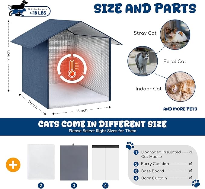 Insulated Outdoor Cat House Weatherproof, Winter Cat Houses for Outdoor Cats with Heated-Foil, Waterproof Feral Stray Cat Shelter with Warm Mat and Door Curtain, Easy to Assemble, Navy Blue