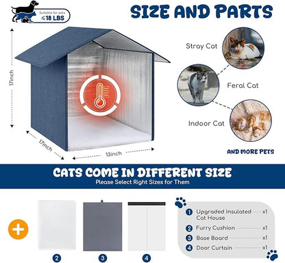 Insulated Outdoor Cat House Weatherproof, Winter Cat Houses for Outdoor Cats with Heated-Foil, Waterproof Feral Stray Cat Shelter with Warm Mat and Door Curtain, Easy to Assemble, Navy Blue