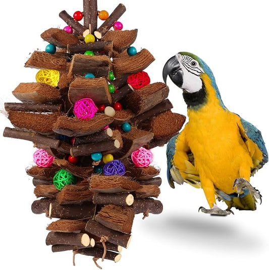 Kyouki Bird Toy for Parrots，Cockatiels, Budgies, Conures, Macaws, Lovebirds, Amazons and Other Small/Medium/Large Birds - Chewable & Shreddable Natural Coconut Husk Enrichment Toy (Large)