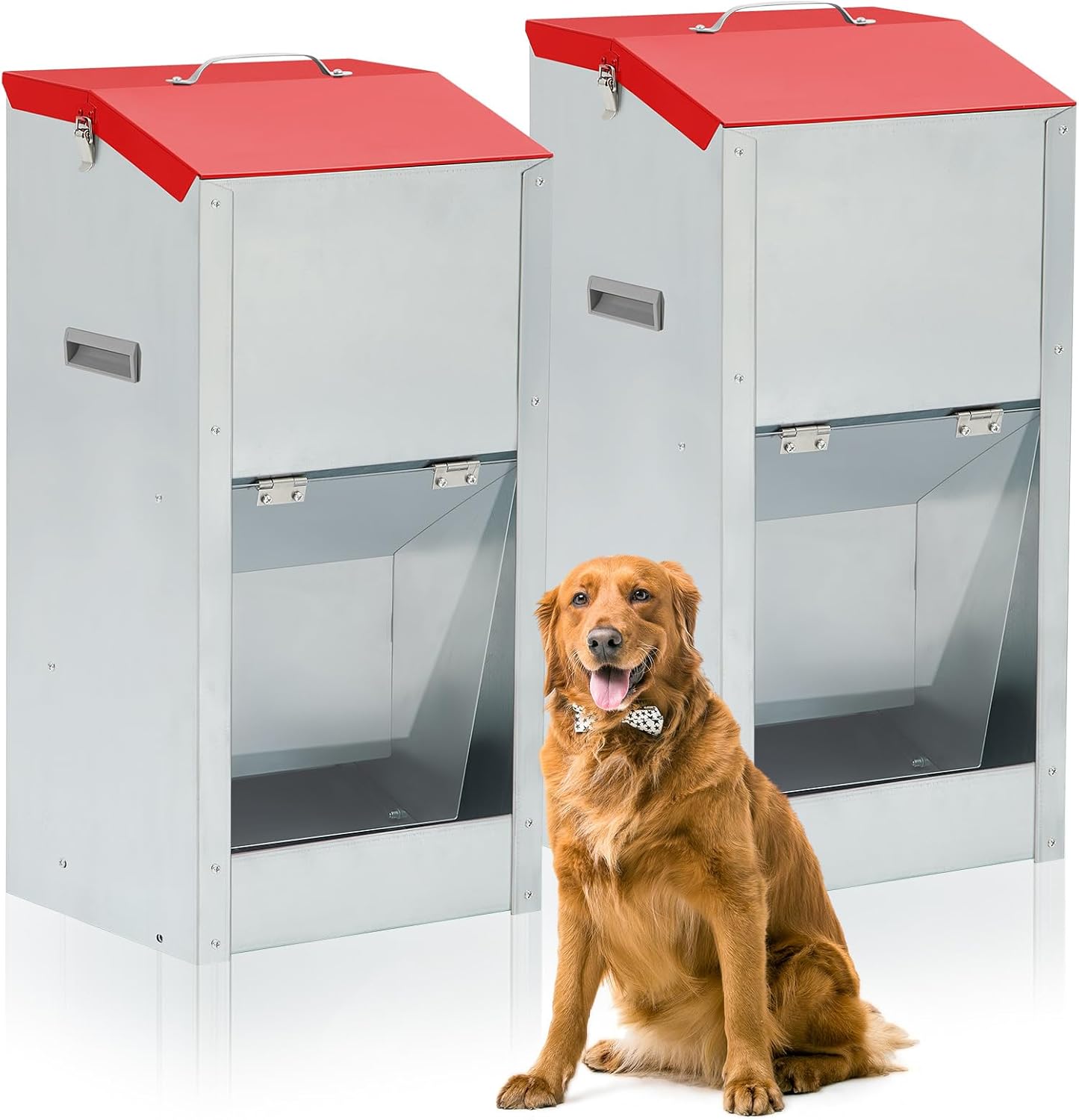 2 Pcs 40 Lbs Large Automatic Dog Feeders with Handle Acrylic Panel Galvanized Gravity Feeder Outdoor Hanging for Doggie Breed Dog Food Dispenser Container (Red, No Wheels)