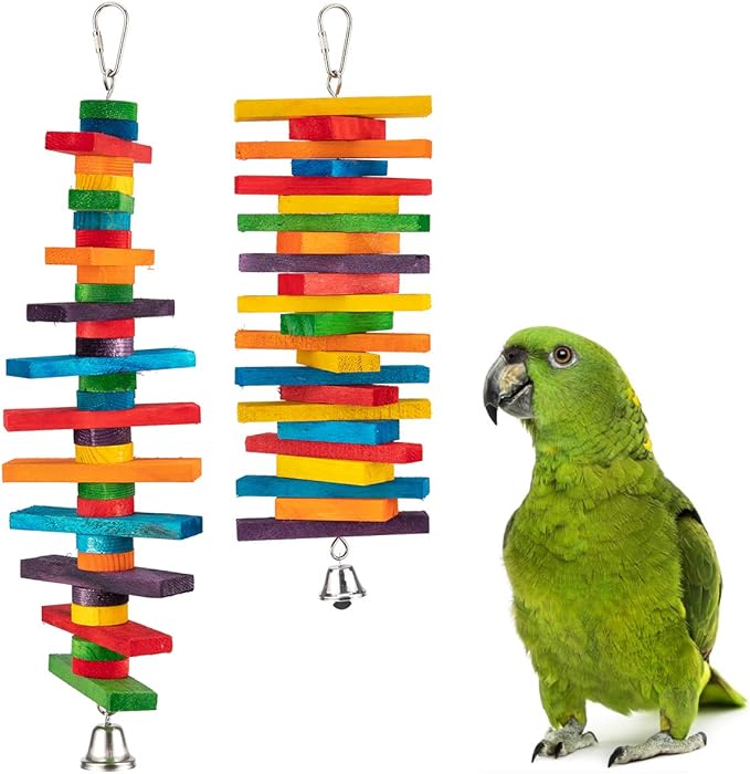 MEWTOGO 2Pcs Bird Toys - Parrot Toys with Multicolored Natural Wooden Blocks, Bird Chewing Sticks Toys for Conures Parakeets Cockatiels Lovebirds African Grey Macaws Amazon Parrots Gift