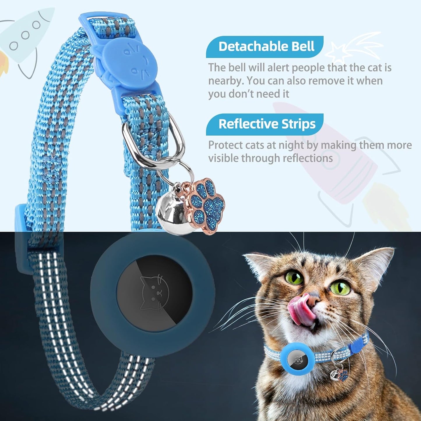PUPTECK Airtag Cat Collar Breakaway 2 Pack with Bells, Reflective Kitten Collar with Air Tag Holder for Boy Girl Kitty and Puppies, Soft, Navy Blue & Light Blue