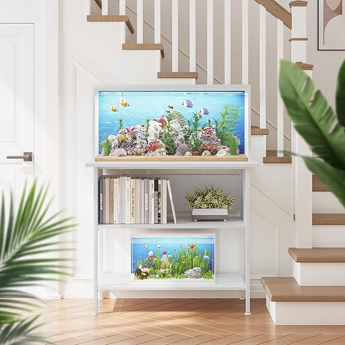 APPLOYN 40-50 Gallon Fish Tank Stand, Aquarium Stand with 3-Tier Storage Shelf, Heavy Duty Metal Frame for Turtle Reptile Terrarium Tank Stand, for Living Room, Office, 36.6" L x 18.9" W x 31.5" H, White