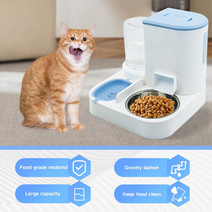 Automatic Cat Food and Water Dispenser Set 2 in 1, All-in-One Gravity Pet Feeder with Stainless Steel Cat Food Bowl Travel Auto Supply Feeder and Water Dispenser for Small Medium Cats Dogs (Blue)