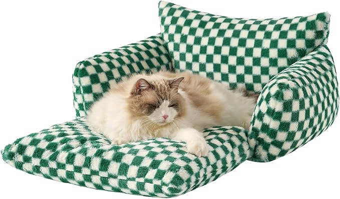 Hollypet Cat Bed Fluffy Plush Mutifuctional Double-Layer Soft Pet Couch Orthopedic Sofa Nest Beds for Small Cats and Dogs, Forest Green and White (25x20x13 inch)