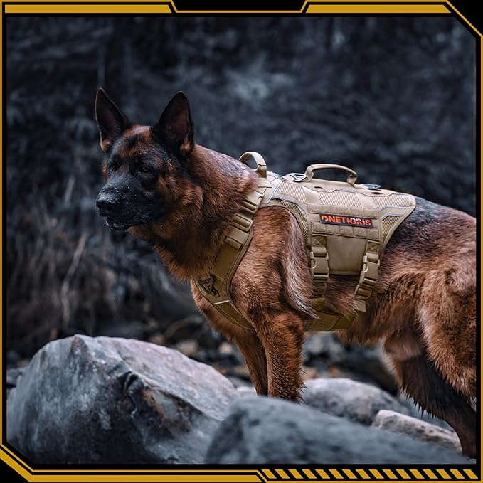 OneTigris Tactical Dog Harness for Medium Large Dogs, Adjustable Tactical Dog Harness with Handles, Reflective Vest Heavy Duty & Breathable Military Assistance Vest with No Pull Buckle, Brown