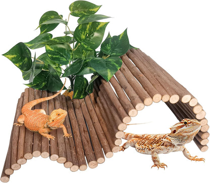 Reptile Hide Bearded Dragon Tank Accessories Large Climbing Wooden Bridge Hideout Tortoise Basking Platform Ramp Decor for Snake Lizard Ball Python Tortoise Leopard Gecko
