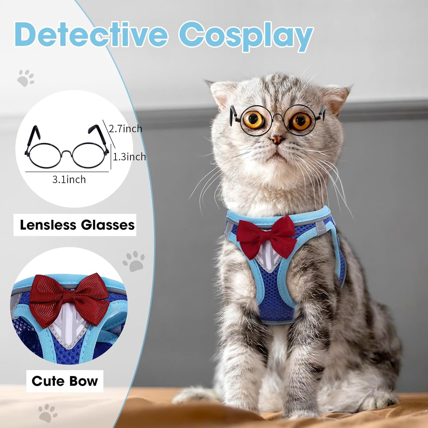 Cat Vest Harness and Leash Set for Walking Escape Proof, Adjustable Kitten Harness Breathable Mesh with Reflective Strips Harness for Kitty Puppy Bunny (Blue, S)