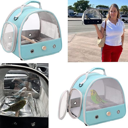 Bird Travel Cage, Portable Small Bird Parrot Parakeet Carrier with Standing Perch, Side Access Window Collapsible(Green, Mesh Windows)
