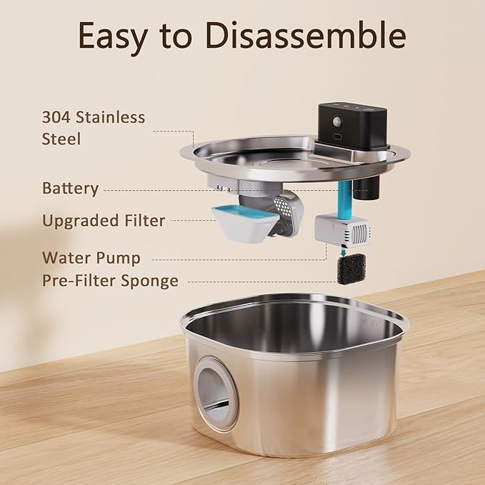 Voluas Stainless Steel Wireless Cat Water Fountain: 3.2L/108oz 3-Modes Pet Drinking Fountain Indoor Cordless Motion Sensor with 4200mAh Rechargeable Battery Operated