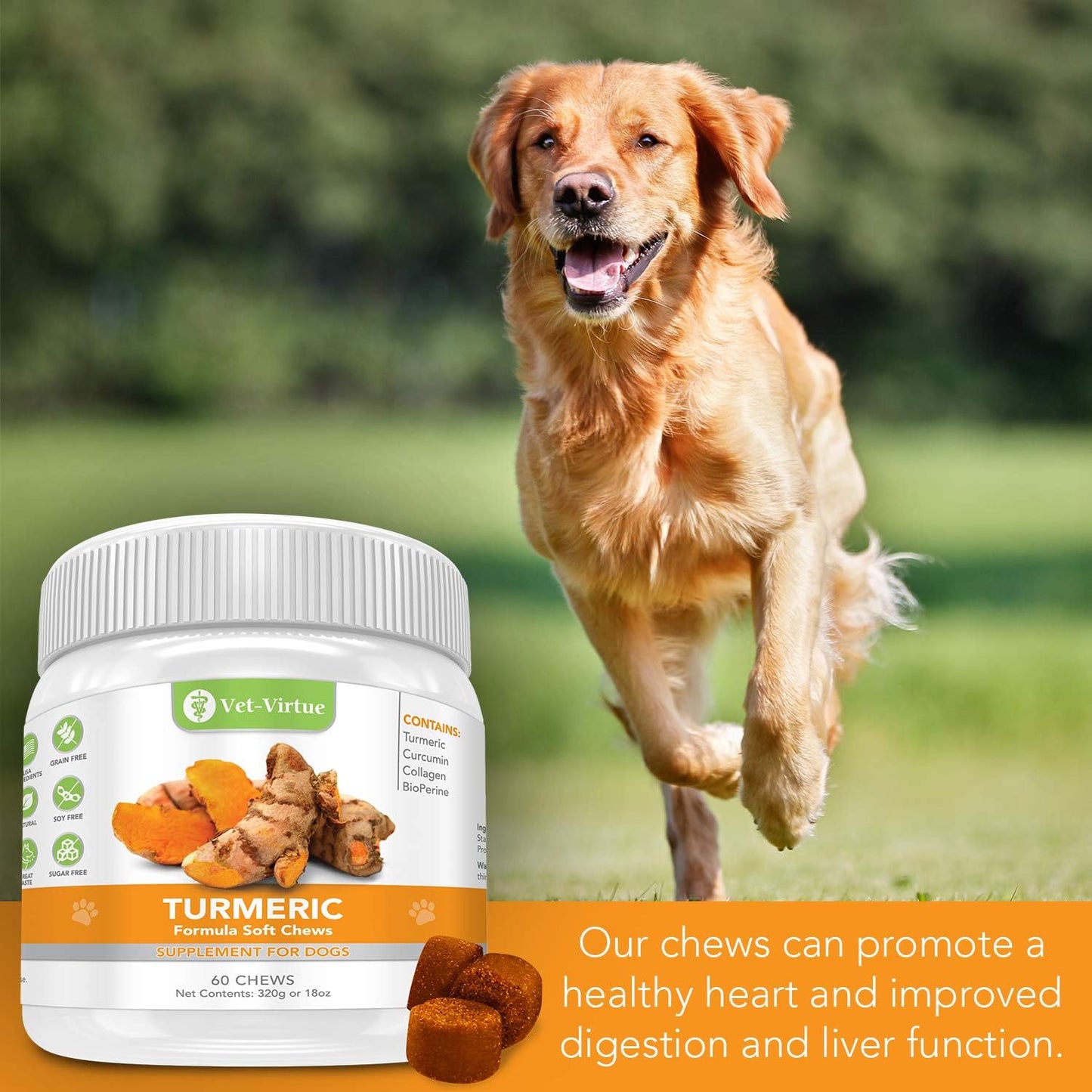 Turmeric for Dogs Anti Inflammatory Pain Relief | Organic Curcumin Dog Supplement with Collagen & Bioprene, Anti Inflammatory for Dogs, Supports HIPS, Joints & Mobility | 60 Count