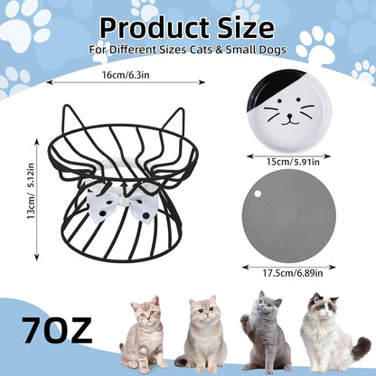 Elevated Cat Food Dish, Ceramic, Non-Slip Stand, Raised Feeding Station, 5 in, Shallow for Whiskers, Dishwasher Safe