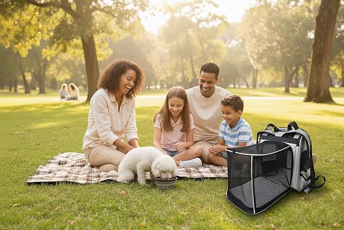 Expandable Pet Backpack Carrier – Dog & Cat Travel Bag with 4-Way Entry, Mesh Windows, Storage Pockets, Secure Zippers, Washable Cushion, Bonus 2 Collapsible Pet Bowls