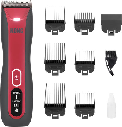 KONG 3-Speed Cordless-Corded Dog Clipper Kit – Stainless Steel Blade, Waterproof, LED Spotlight, Use-While-Charging, 6 Guide Combs, Ergonomic Handle – Red/Gray, All Coat Types