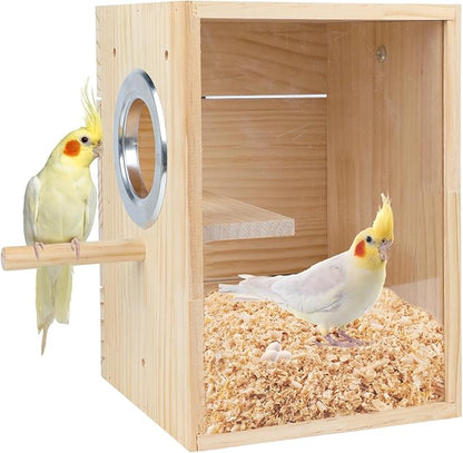 Parakeet Nesting Box Transparent Design, Natural Wood Bird Nest Breeding Box with Perch, Acrylic Bird House for Cage Bird Nesting Box for Small Cockatiel Lovebirds Finch Parrot Canary L