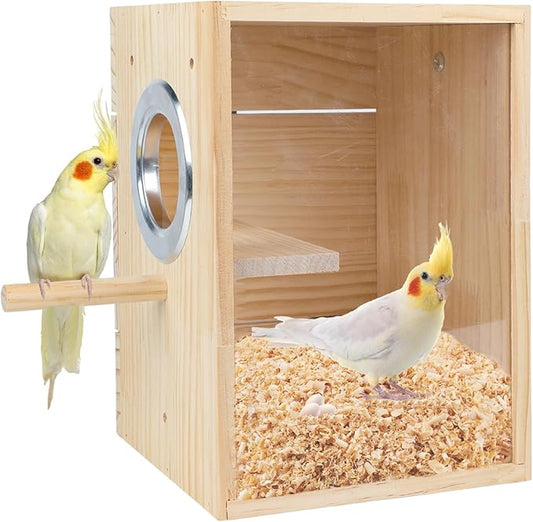 Parakeet Nesting Box Transparent Design, Natural Wood Bird Nest Breeding Box with Perch, Acrylic Bird House for Cage Bird Nesting Box for Small Cockatiel Lovebirds Finch Parrot Canary L