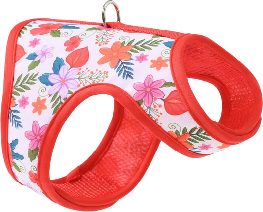 Mile High Life Dog Harness, Air Mesh Floral Vest Harness for 20 lbs Small Dogs & Cats, Easy Get on Adjustable Easy Closures Both Neck and Chest(Red Flower, S Chest 16"-18")