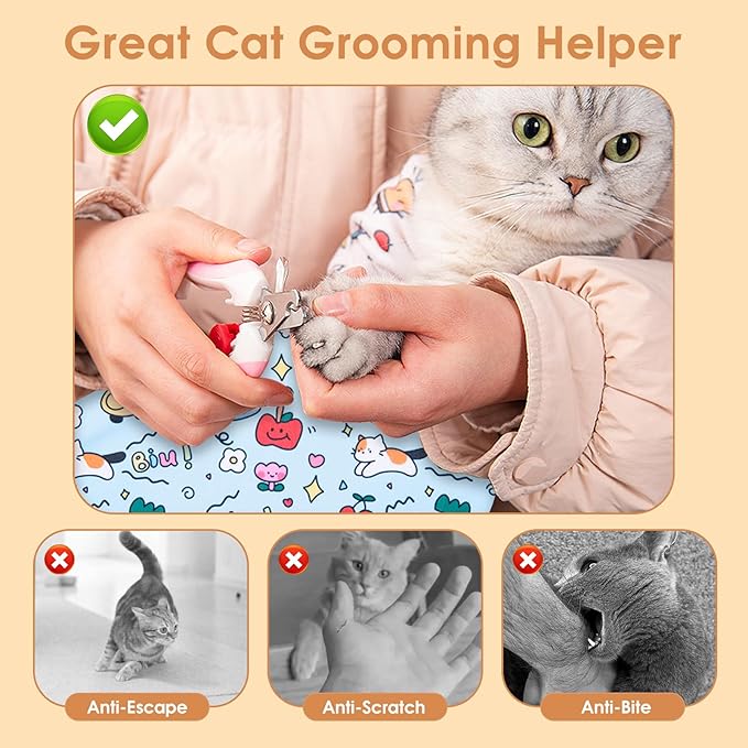 Cat Grooming Wrap for Cutting Nails, 27.5 * 27.5in Self-Adherent Cat Scratching Blanket for Nail Clipping Ear Cleaning Teeth Brushing Cats Anti-Scratch/Escape Swaddle Restraint Bag (Blue)