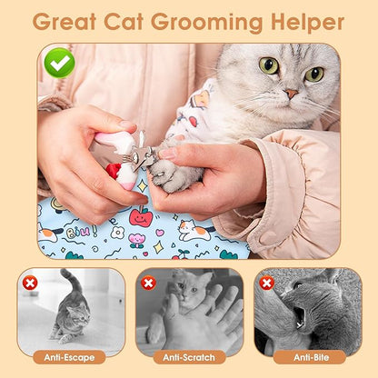 Cat Grooming Wrap for Cutting Nails, 27.5 * 27.5in Self-Adherent Cat Scratching Blanket for Nail Clipping Ear Cleaning Teeth Brushing Cats Anti-Scratch/Escape Swaddle Restraint Bag (Blue)