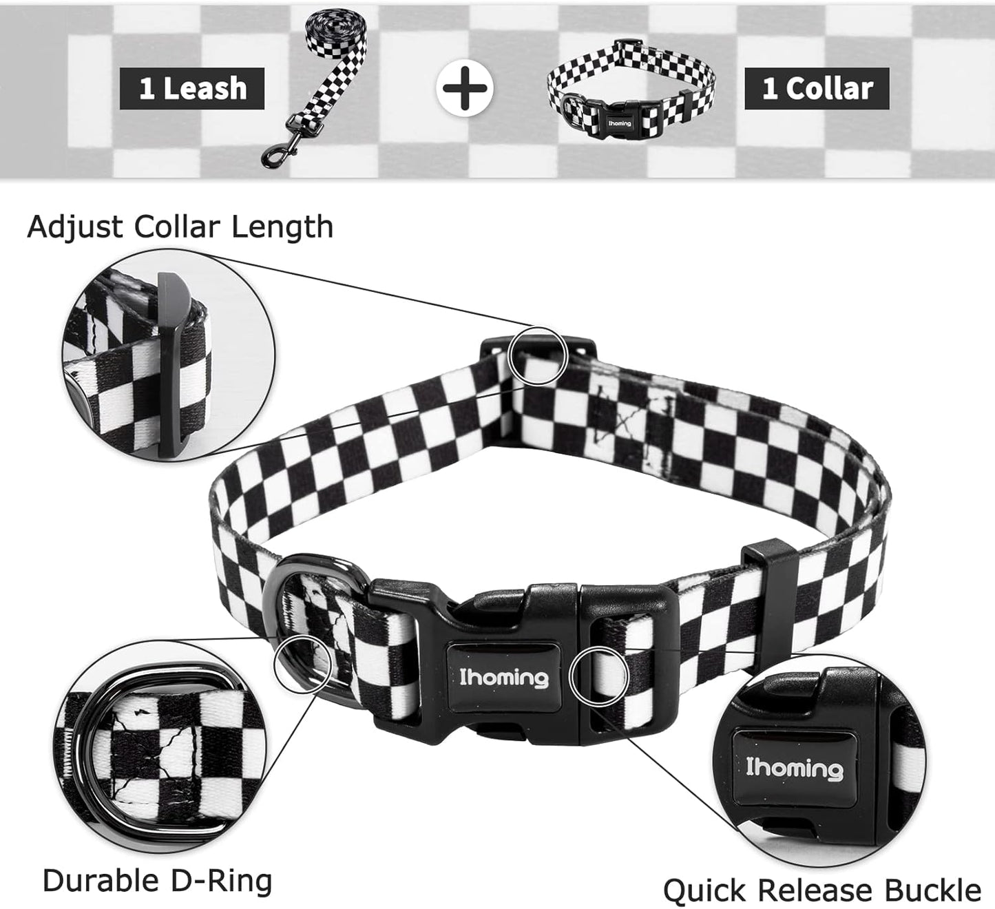 Ihoming Dog Collar and Leash Set for Daily Outdoor Walking Running Training, Chess Board Design for Medium Boys Girls Dogs Cats Pets, M-Up to 45LBS