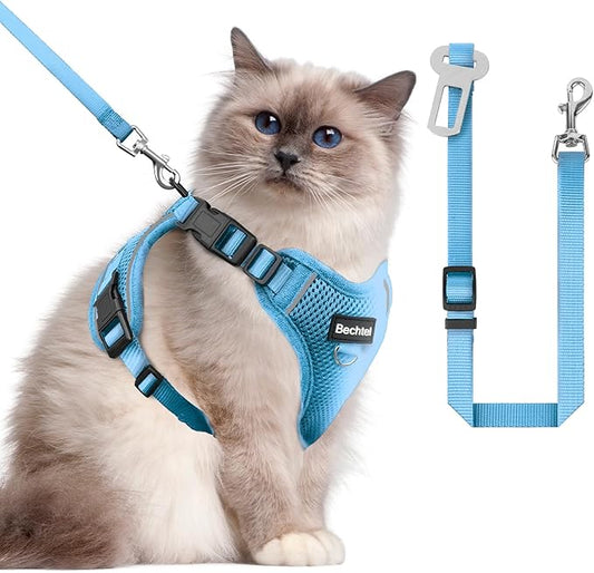 Cat Harness and Leash for Walking, The Upgrade Can be Adjusted in Four Directions and Breathable Cat Harness for Anti Escape That can be Fitted and Positioned, Reflective Strips Harness, Blue, M