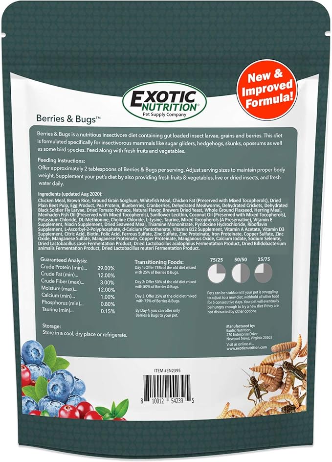 Berries & Bugs 3 lb. - All Natural High Protein High Fiber Insectivore Diet with Fruit, Gut-Loaded Insects, & Healthy Vitamins - Hedgehogs, Sugar Gliders, Skunks, Opossums & Other Insectivores