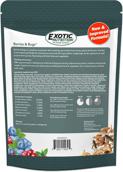 Berries & Bugs 3 lb. - All Natural High Protein High Fiber Insectivore Diet with Fruit, Gut-Loaded Insects, & Healthy Vitamins - Hedgehogs, Sugar Gliders, Skunks, Opossums & Other Insectivores