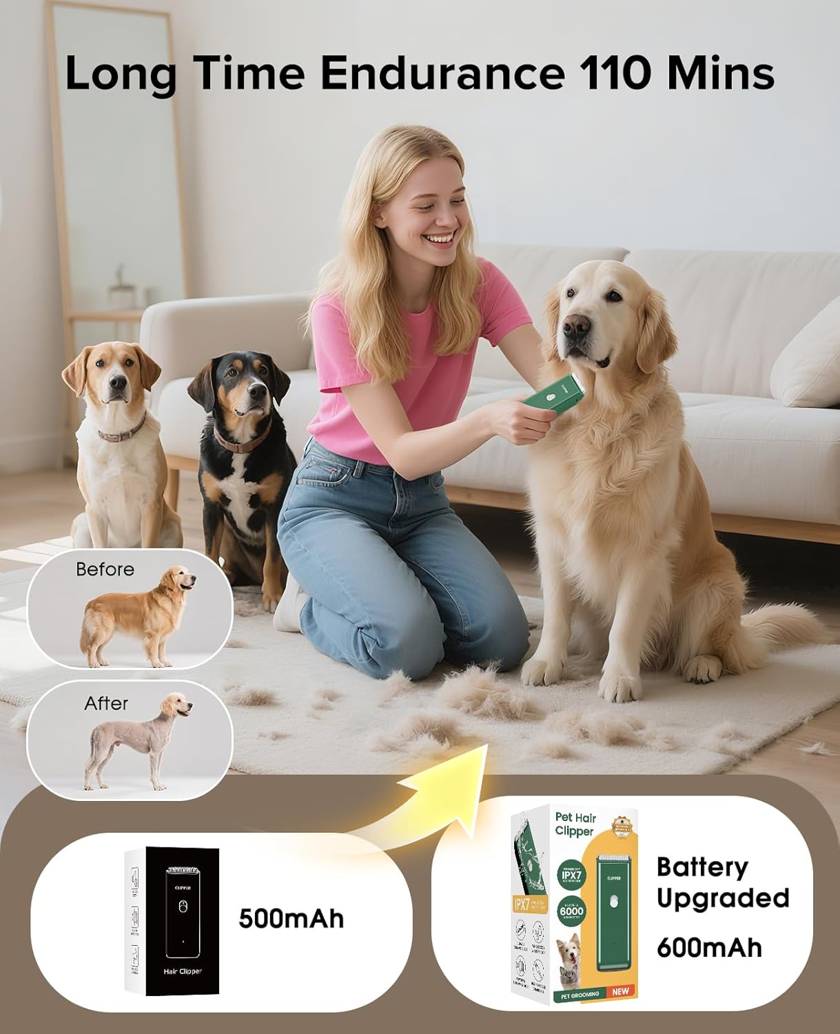 Pet Clippers for Dog Hair Grooming Low Noise, Rechargeable Cordless Cat Shaver with Ceramic Blade,Portable Pet Hair Trimmer for Matted & Long Hair