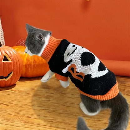 2Pcs Halloween Dog Sweaters Kitten Cat Knitwear Puppy Cat Halloween Pumpkin Ghost Sweater Pet Halloween Sweater Clothes Outfit Costume for Kittens Cats Puppies Small Medium Dogs XXL