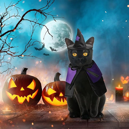 Frienda 3 Pieces Cat Halloween Vampire Costume Includes Vampire Costume Cloak Wizard Hat and Cat Bat Wings for Kittens Pet Halloween Party Cosplay Accessories(Purple,Star)