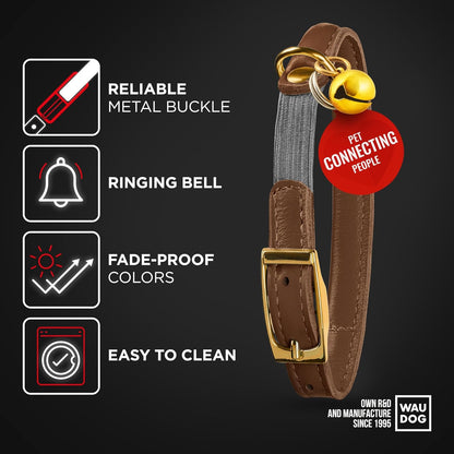 WAUDOG Ultra Soft Rolled Leather Cat Collar with Removable Bell, Safety Elastic Strap and QR ID Tag - Soft Padded for Small, Medium, and Large Cats - Round Kitten Collar for Male and Female Cats