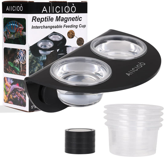 AIICIOO Gecko Feeder Ledge with 6 Pack Plastic Bowls Crested Gecko Food Dish Strong Magnetic Reptile Food Feeder Water Dish for Chameleon Bearded Dragon Tank Accessories