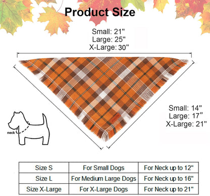 PTDECOR Fall Dog Bandanas with Tassels Edges, 2 Pack Orange Plaid Scarf Bib, Halloween Thanksgiving Pet Bandana, Reversible Triangle Bandanas for Small Dogs Puppies Cats(Small)